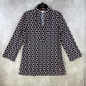 Jude Connally Tunic Small Navy V-Neck Orange Geometric Chain Link 3/4 Sleeve Top